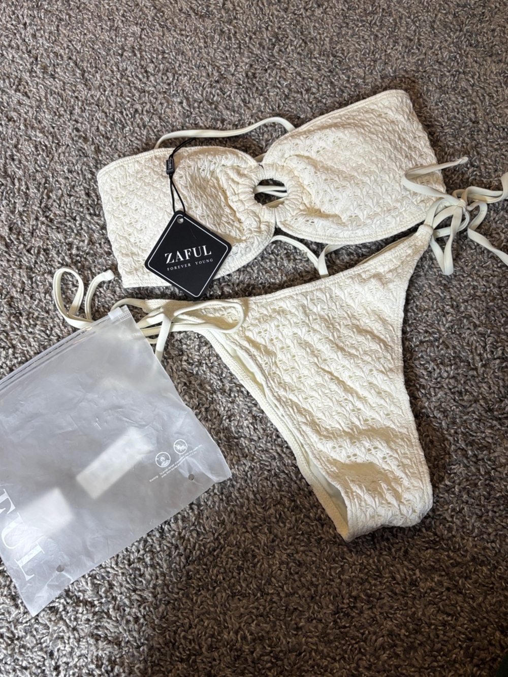 Zaful Cream Textured Tie-Side Bikini
